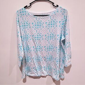 Talbots Light Blue and White Geometric Blouse